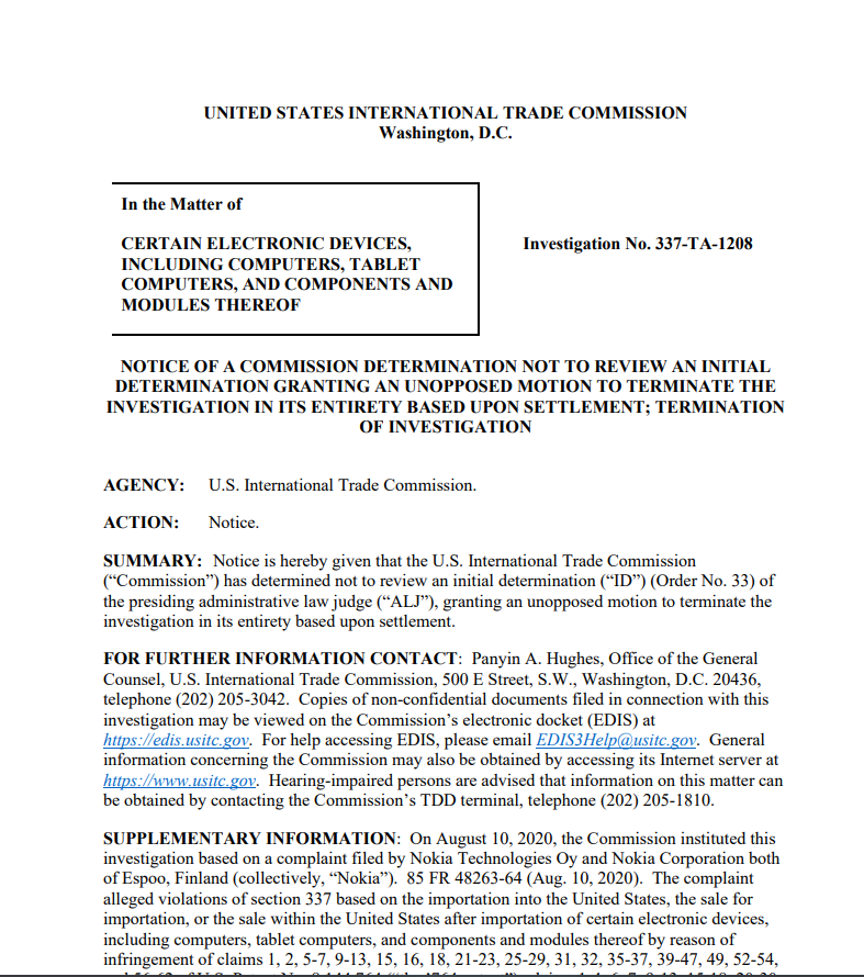 美国ITC发布对计算机等电子设备的337部分终裁